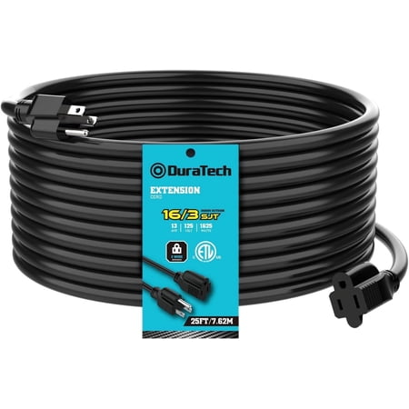 DuraTech Extension Cord 25 ft, Outdoor Extension Cord, 16/3 SJT, 13 Amps, Heavy Duty Extension Cord for Power Tools, Black