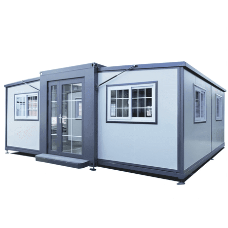 DuraYu 19x20ft Expandable Prefab Tiny Home, Steel Frame Foldable Modular Cabin with L-Shaped Cabinet, Portable ADU House for Backyard Office, Mobile Living