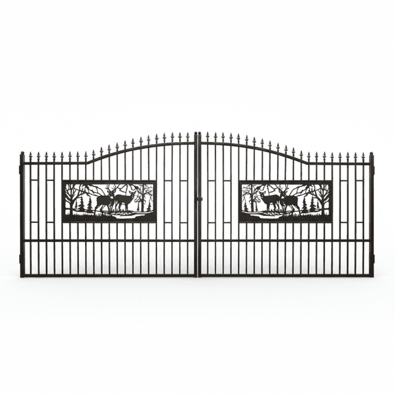 DuraYu 20' x 7' Dual Swing Driveway Gate, Galvanized Steel Iron Gate with Deer Design, Black Outdoor Gate for Home Farm Entrance