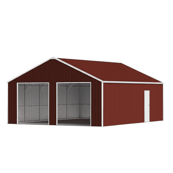 DuraYu 33x25x14 ft Metal Garage Kit, Heavy Duty Steel Garage Building for RV, Truck & Equipment Storage, Dual Doors, Red-Brown