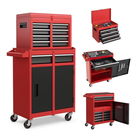 DuraYu 5-Drawer Tool Chest with Detachable Top Box, Steel Garage Cabinet, Side Hooks & Liners, Heavy Duty Storage, Red