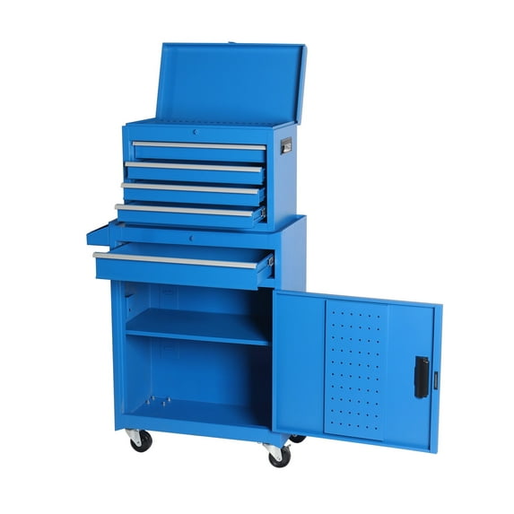 DuraYu 5-Drawer Tool Chest with Detachable Top Box, Liners & Hooks, Steel Garage Cabinet, Heavy Duty, Blue