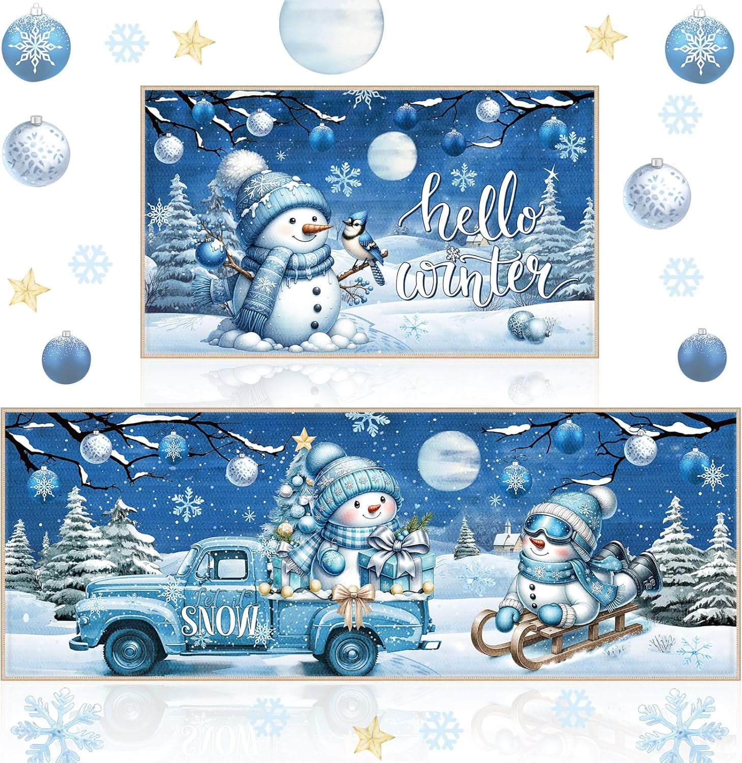 Set of 2 Hello Winter Snowman Kitchen Rugs Blue Christmas Kitchen Mats Cute Bathroom Rug Non Slip Floor Mat Doormat for Winter Holiday Decor 17 x 29 Inch and 17 x 47 Inch