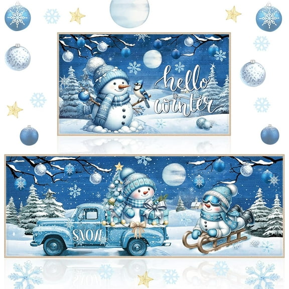 Set of 2 Hello Winter Snowman Kitchen Rugs Blue Christmas Kitchen Mats Cute Bathroom Rug Non Slip Floor Mat Doormat for Winter Holiday Decor 17 x 29 Inch and 17 x 47 Inch