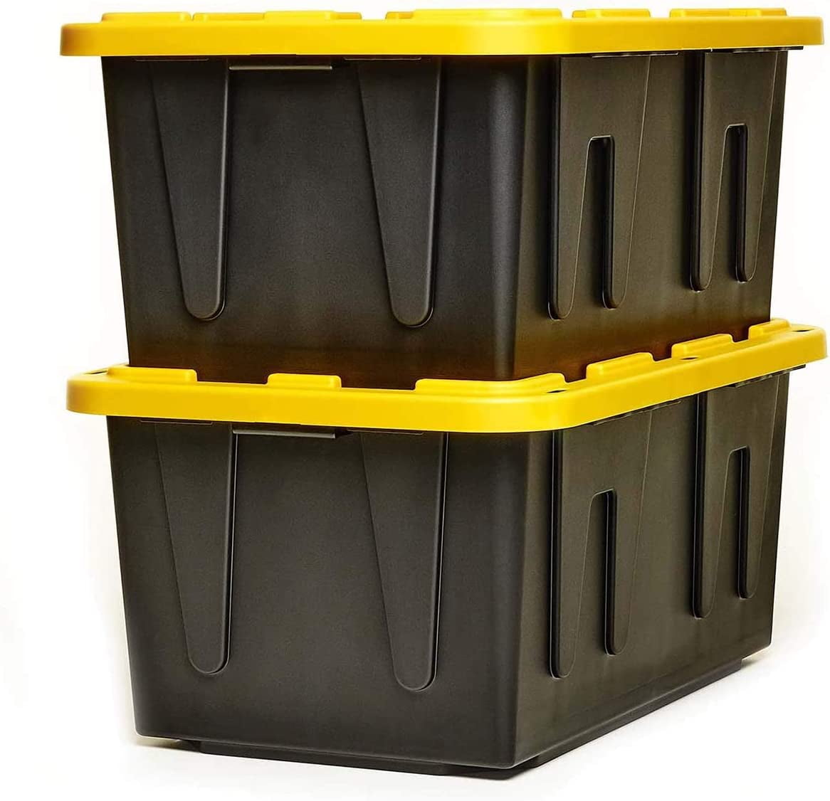 Heavy Duty Black and Yellow Stackable Storage Tote with Lid, 27 Gallon