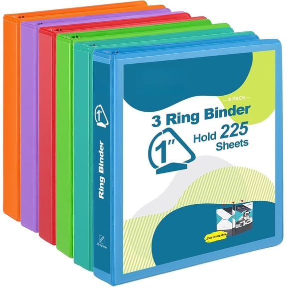 Durable 1 Inch D Ring Binders, 3 Ring Binders with 2 Pockets, Hold 225 Sheets of Letter Size Paper - 6 (Assorted)