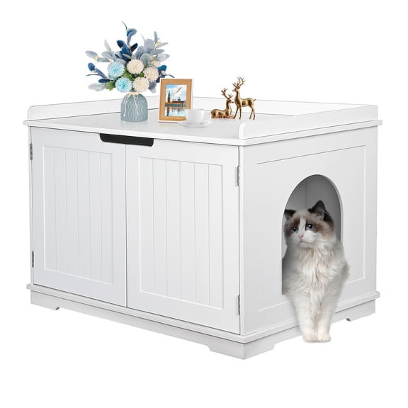 Durable 2 Door Wood Cat Litter Box Enclosure Cat Washroom Storage Bench Home