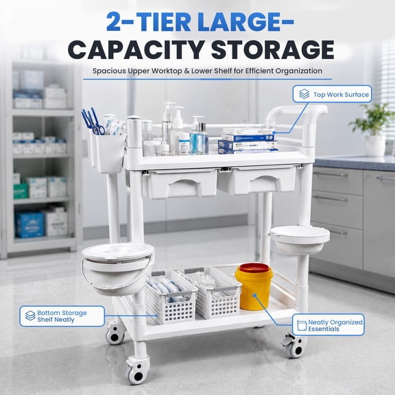 Durable 2Tiers Lab Rolling Cart, Mobile Lab Cart with 2 Drawers and 2 Storage Tanks, Utility Cart with 360swivel Wheels for Dental Clinic, Salon