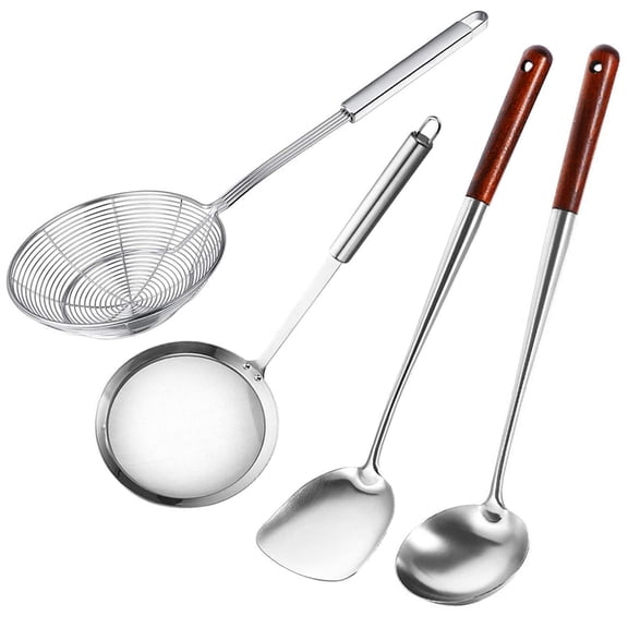 Durable 304 Stainless Steel Wok Ladle Oil Soup Spoon, Wok Spatula, Hot Pot Fine Mesh Fat Skimmer Spoon, Spider Strainer Set |4Pcs Cooking Utensils| Y101