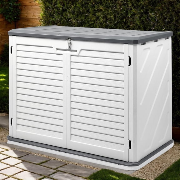 Durable 34 Cu Ft Horizontal Outdoor Storage Cabinet in Grey & White - Lockable for Garbage Cans, Lawn Mower, and Tools