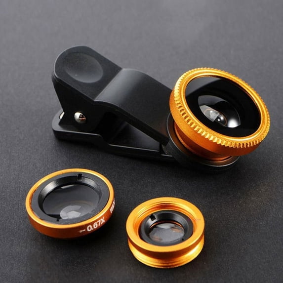 Durable 3in1 0.67X Wide Angle Zoom Fisheye Phone Lens Phone External Lens Phone Camera Lens Kit Wide Angle Mobile Phone Lens GOLD