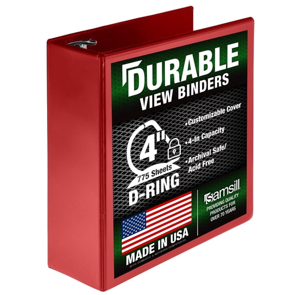 Durable 4 Inch Binder, Locking D Ring Binder, Customizable Clear View Cover, Red, Single, Holds 775 Pages