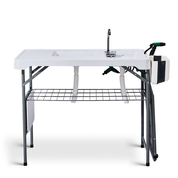 Durable 42.5 Inch Fish Cleaning Table with Dual Sink and Folding Stand Outdoor