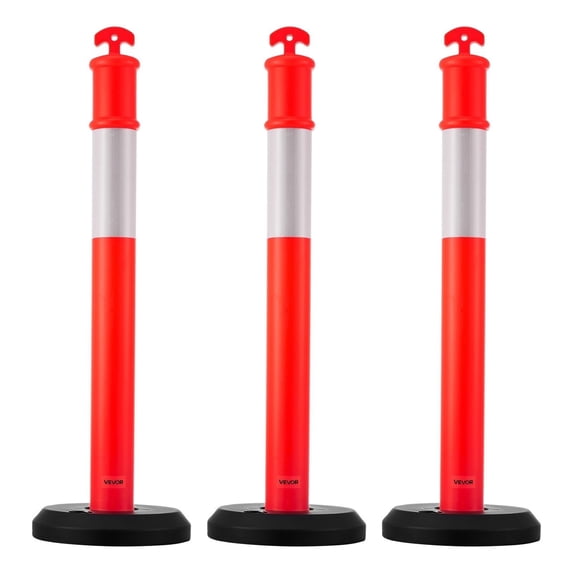 Durable 48-Inch Traffic Guide Posts, 3-Pack Red - Equipped with Reflective Strips and Fillable Base for Enhanced Stability at Job Sites, Parking Areas, and Events