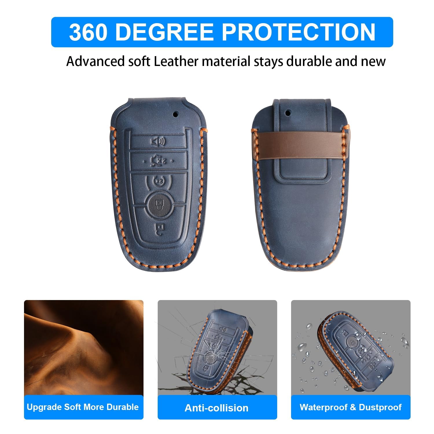 Durable 5-Button Leather Key Fob Protector Case Compatible with Ford Explorer Bronco F-150 Mustang Ranger Escape Expedition Edge Fusion and Lincoln Vehicle Remote Covers
