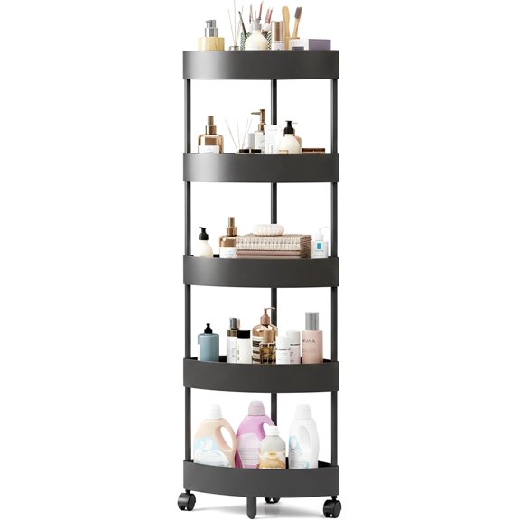 Durable 5-Tier Corner Storage Shelf with Wheels  Triangle Rolling Rack for Bathroom Organizers and Storage  Space-Saving Black Plastic