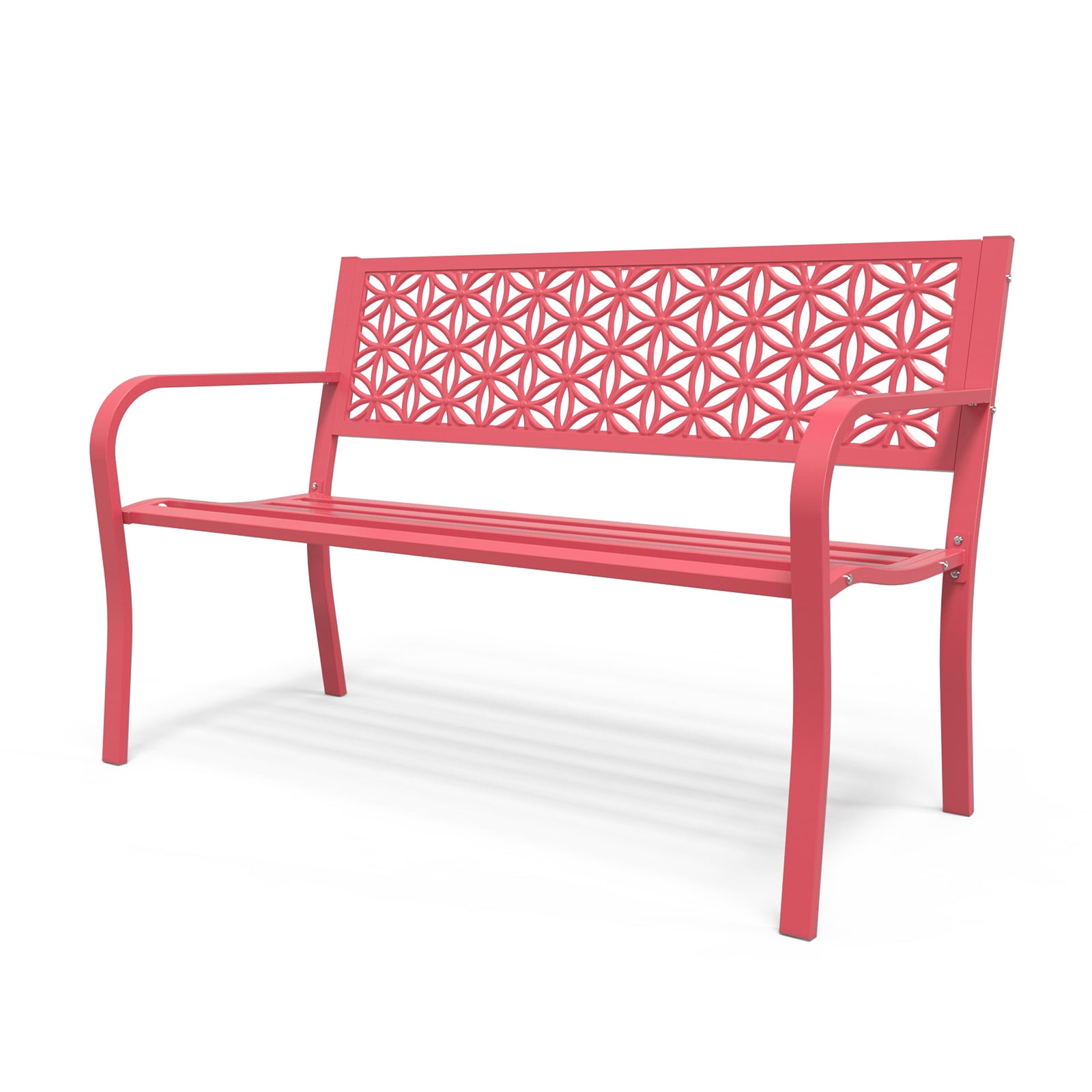 Modern Outdoor Metal Bench – All-Weather Garden, Patio, Or Park Seat In Red (Holds Up To 600 Lbs)