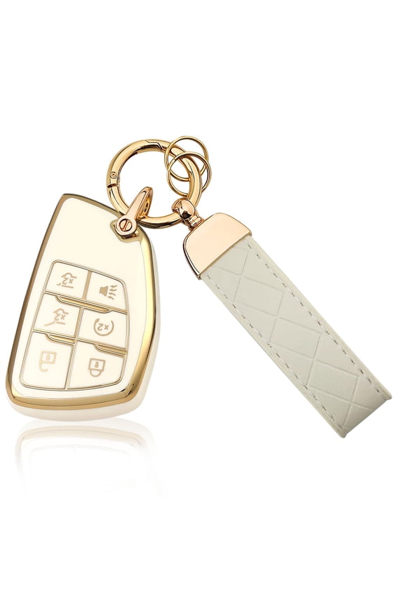 Durable 6-Button TPU Protective Case with Leather Keychain for GM Vehicle Key Fobs, Compatible with 2021-2026 GMC Yukon Denali Sierra Chevrolet Silverado Suburban Tahoe Buick Smart Remote Covers