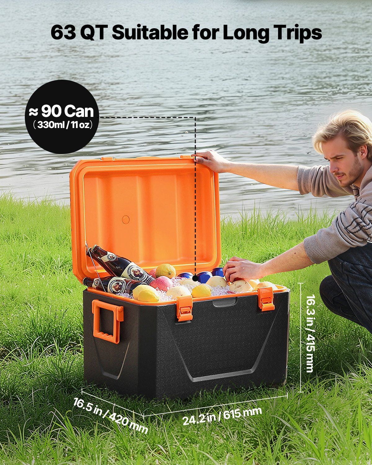 Durable 63QT Cooler for Outdoor, 90 Can Portable Ice Chest with Cup Holder & Tight Seal Lid