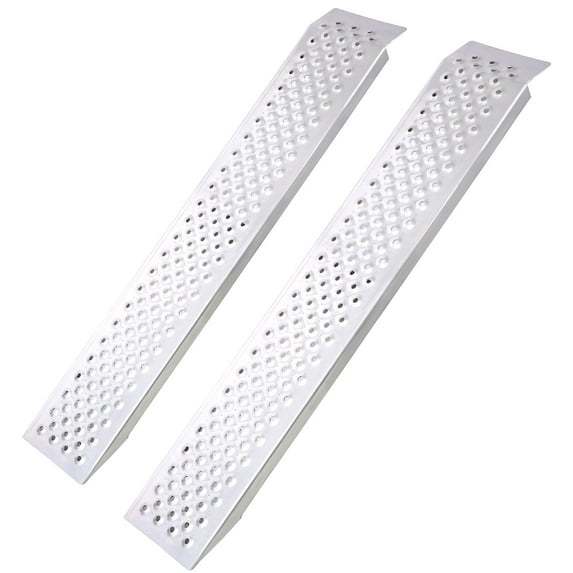 Durable Aluminum Silver 4FT Length 2PC Pair Outdoor Loading Shed Ramps for Various Vehicles & Devices Safety Design - Slip-resistant Surface & Extended Plate