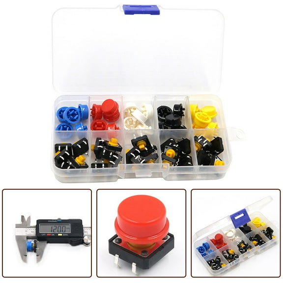 Durable And Reliable Momentary Tactile Push Button Switch 12X12X7 3Mm Micro Switch + 25 Assorted Button Covers