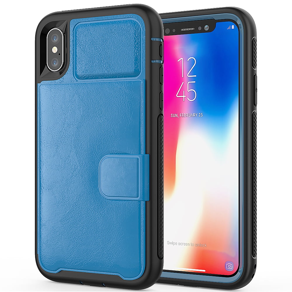 Durable And Slim Vegan Leather Wallet Portfolio Case For Apple iPhone XS / iPhone X With Lightweight Classic Design, Dedicated Card Slots, and Ultra-Strong Magnetic Closure (Blue)