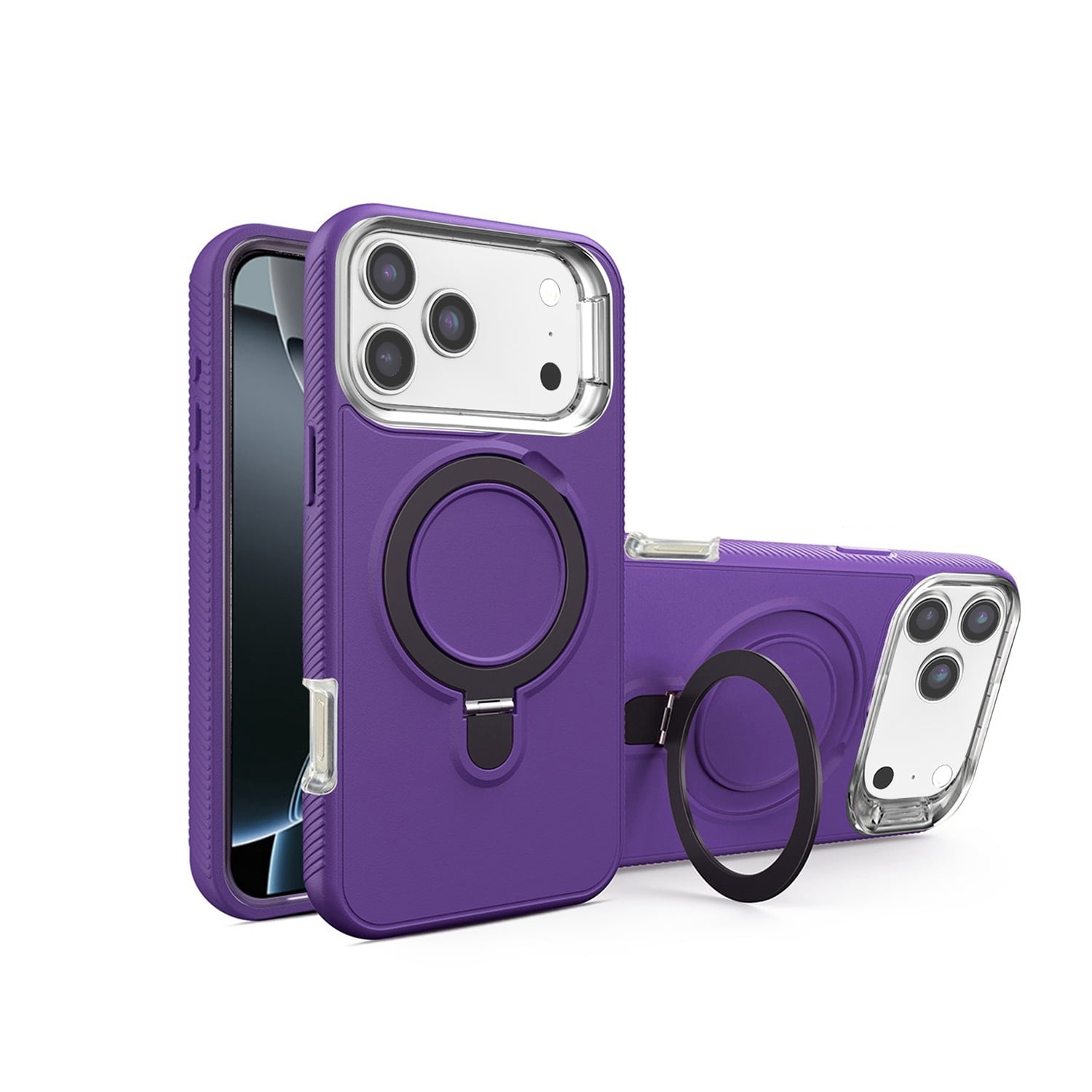 Durable Armor Case with Integrated Stand and Wireless Charging Ready for iPhone 17 Pro Max - Purple