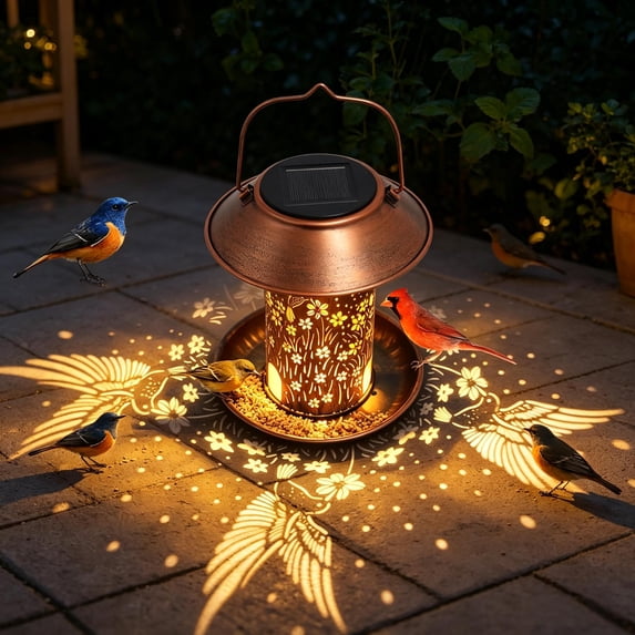 Durable Bird Feeders for Outdoors, Hanging Solar Bird Feeder with LED Light, Hollow Projection Lamp Bird Baths for Outdoor Garden Yard Decor