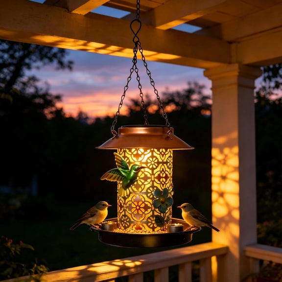Durable Bird Feeders for Outdoors, Hanging Solar Bird Feeder with LED Light, Hollow Projection Lamp Bird Baths for Outdoor Garden Yard Decor