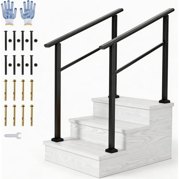 Durable Black Aluminum Stair Handrail Kit – Weather-Resistant Railing with Iron Posts, Rust-Proof & Safe for Indoor/Outdoor Porch, Deck, Steps
