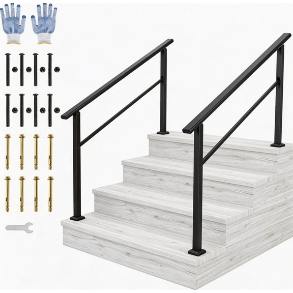 Durable Black Aluminum Stair Handrail Kit – Weather-Resistant Railing with Iron Posts, Rust-Proof & Safe for Indoor/Outdoor Porch, Deck, Steps