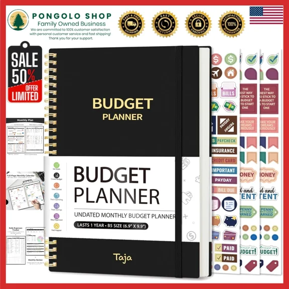 Durable Black Budget Planner With Stickers - Track Expenses & Reach Goals