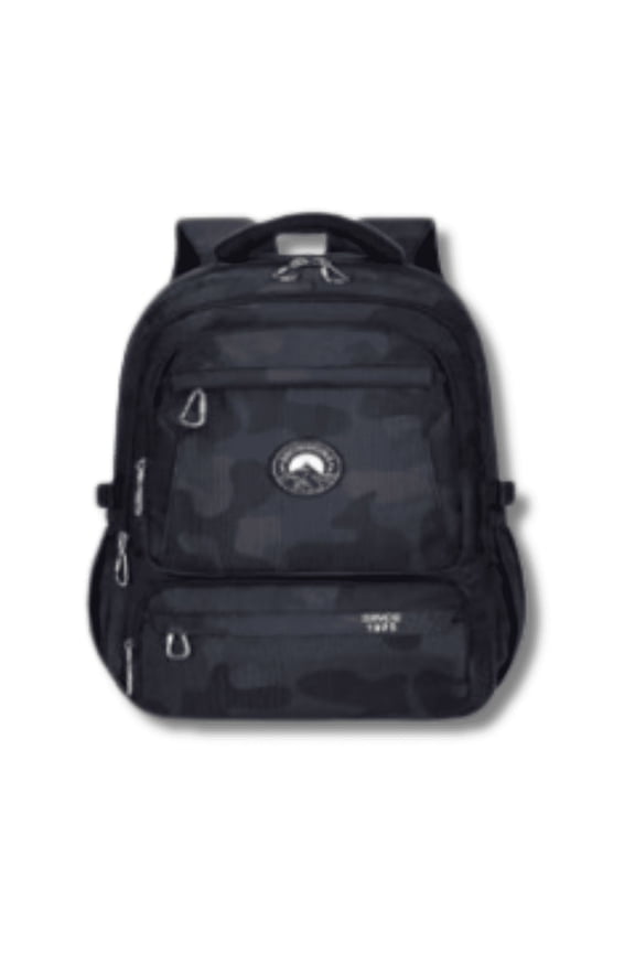 Durable Black Camo Travel Backpack with Multi-Pocket Design and Laptop Compartment