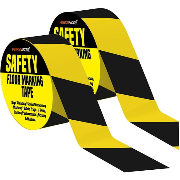 Durable Black & Yellow Striped Safety Marking PVC Tape 2" Wide (2 Rolls) 33 Yards with Dispenser Included