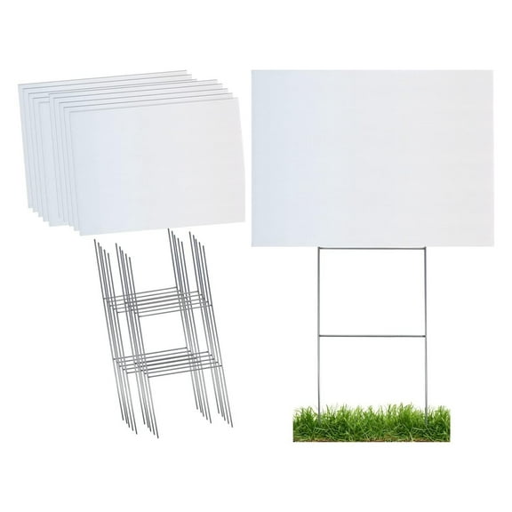 Durable Blank Corrugated White Yard Sign Kit Includes 10 of Each: Large 18x24 Signs and Strong Galvanized Steel Double H 10x24 Yard Stakes - Pack of 10 18x24 Signs with Yard Stakes