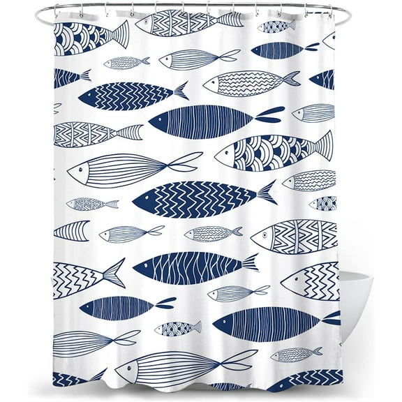 Durable Blue Shower Curtain Set with Hooks, Fabric Polyester Nautical Fish Print Shower Curtains for Bathrooms, H72in X W72in, Waterproof and Machine Washable (White and Blue)