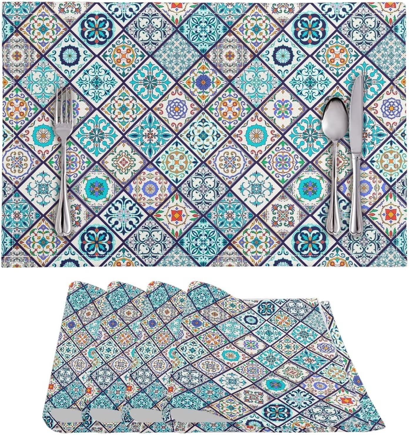 Durable Boho Placemats Set of 4, Dining Table Woven linen Placemat Wipeable Easy to Clean Oil-Proof Non-Slip Tablemats for Kitchen, Bohemian Style Blue