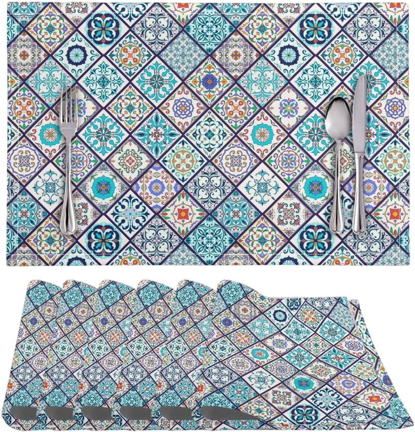 Durable Boho Placemats Set of 6, Dining Table Woven linen Placemat