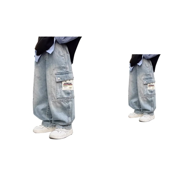 Durable Boys Cargo Denim Jeans, Casual Outdoor Daily Wear, Functional Utility Pockets, Comfortable Long Pants, Baggy Straight Wide Leg, Vintage Elastic Waist, Y2K Streetwear, Fall Winter
