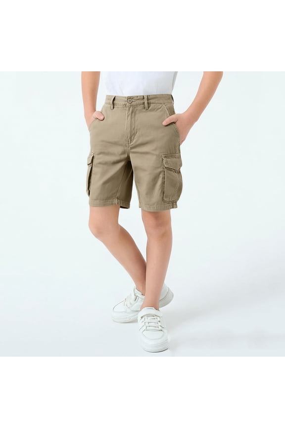 Durable Boys Cargo Shorts, Khaki Quick-Dry Polyester with Pockets for School, Outdoor Play, Age 5-12,Size 3-4T
