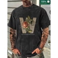 thumbnail image 1 of Durable Build |   Men's Vintage Floral "W" Print T-Shirt - 100% Cotton, Distressed Washed Black With Rose Graphic, Casual Short Sleeve Crew Neck Tee, Casual Wear |   Vintage Floral Design, 1 of 5
