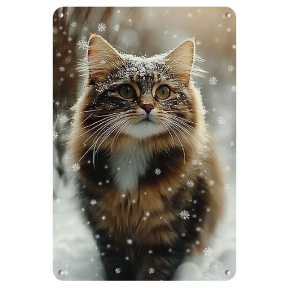 Durable Build, Vintage Cat Metal Sign - 8x12 Inch, Rustic Tabby Cat in Snowy Field Decor, Durable Iron for Indoor/Outdoor Use, Ideal for Living Room, Bedroom, Bar, Indoor Wall Decor