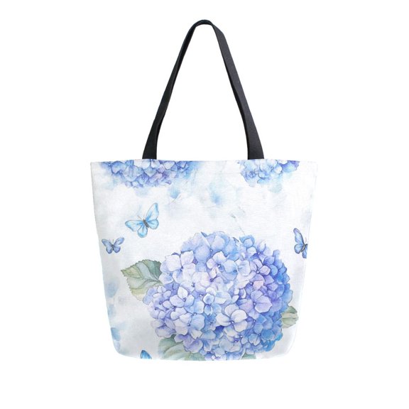 Durable Canvas Tote Bag with Zip Pocket Bags for Woman Shoulder Versatile Carryall for Everyday Use Blue Hydrangea Pattern