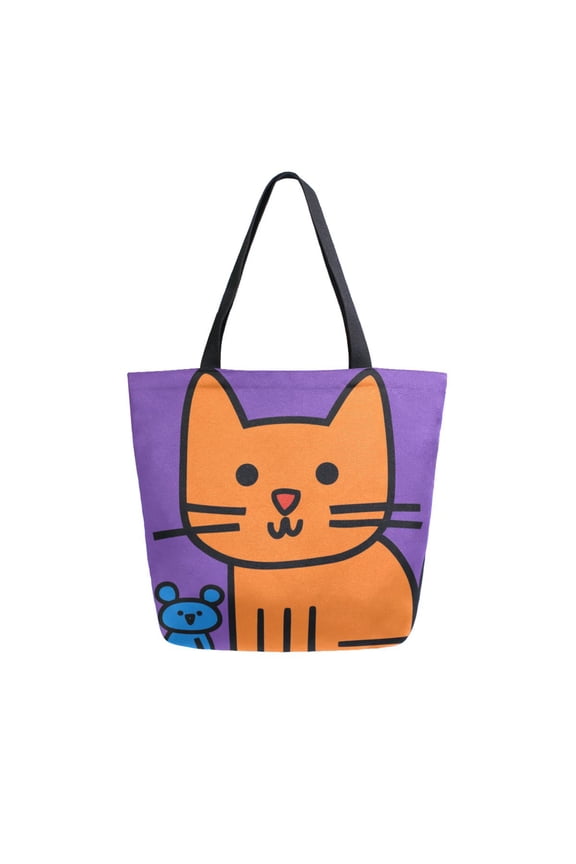 Durable Canvas Tote Bag with Zip Pocket Bags for Woman Shoulder Versatile Carryall for Everyday Use Orange Cat and Small Blue Mouse