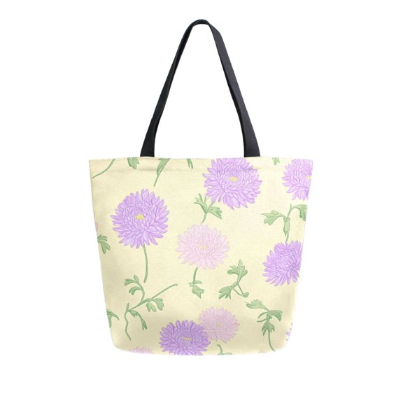 Durable Canvas Tote Bag with Zip Pocket Bags for Woman Shoulder Versatile Carryall for Everyday Use Purple and Pink Chrysanthemum Pattern