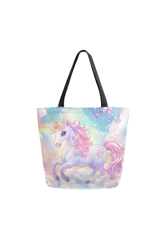 Durable Canvas Tote Bag with Zip Pocket Bags for Woman Shoulder Versatile Carryall for Everyday Use Rainbow Colors Unicorn