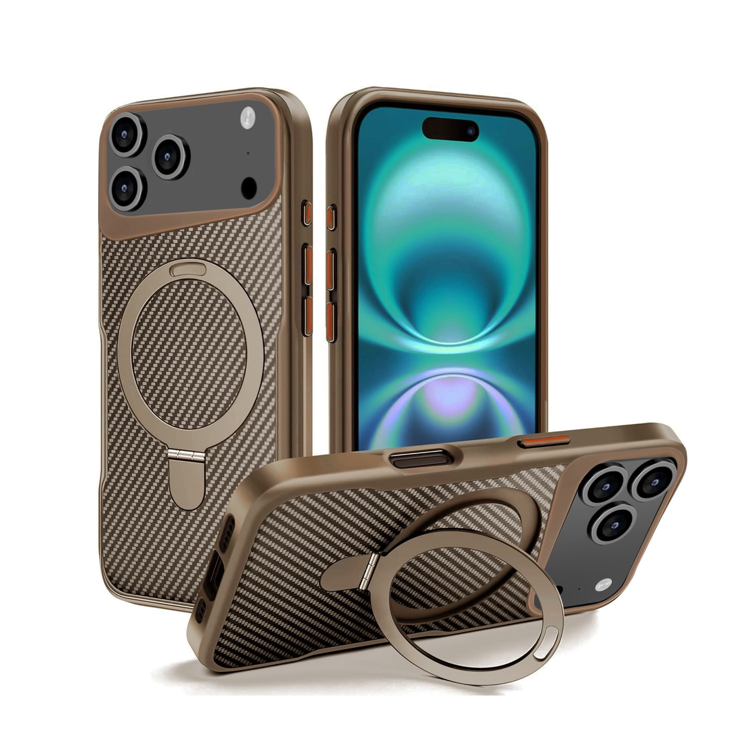 Durable Carbon Fiber Magnetic Kickstand Case for iPhone 17 Pro Max - Gold