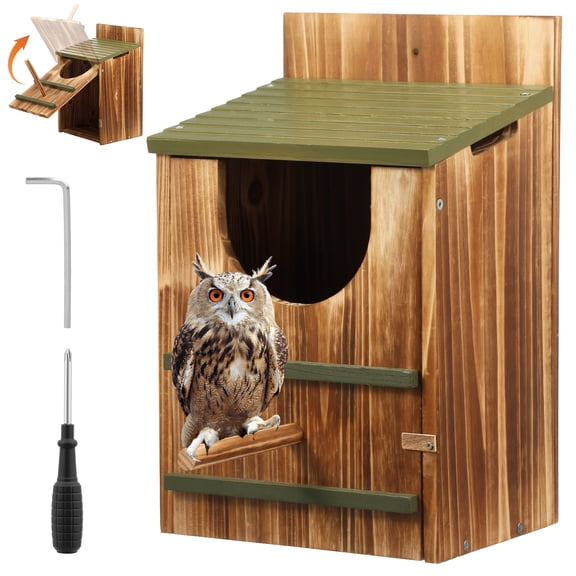 Durable Carbonized Cedar Owl House -9.02x7.48x14.57 Inch Weather-Resistant Outdoor Owl Nesting Box with Natural Shavings, Quick Assembly, Bird Box Ideal for Wildlife Lovers