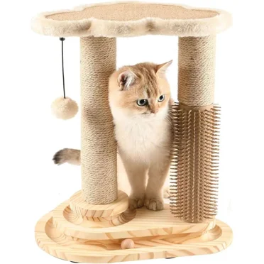 Durable Cat Scratching Post with Soft Perch & Interactive Ball Track, Natural Sisal Scratcher for Indoor Cats