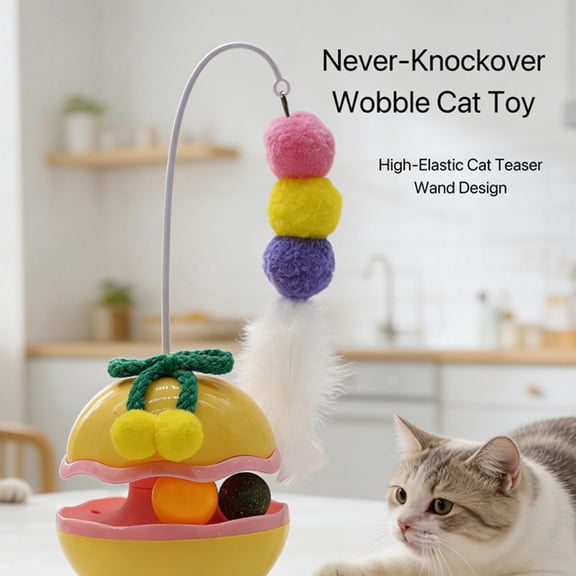 Durable Cat Wobble Tumbler, Feather Teaser Toy with Bell & Plush Balls for Hours of Active Play & Exercise (Yellow)
